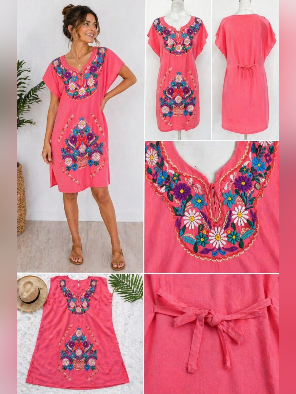 Boho Embroidered Coral Tunic Dress Sz L Floral Mexican Style Tie Waist Festival